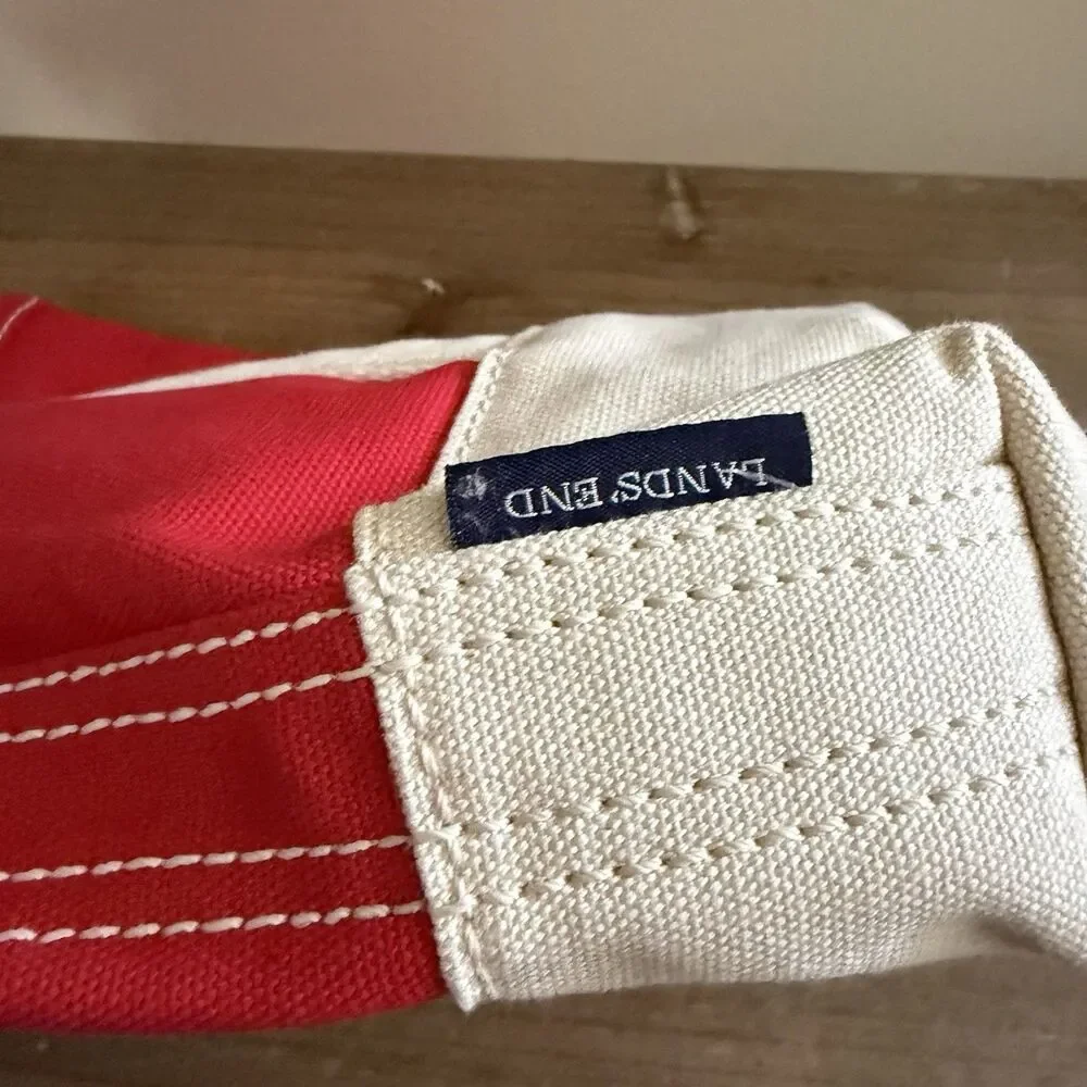 Classic Lands End Beige & Red Canvas Double Wine Bottle Tote Caddy